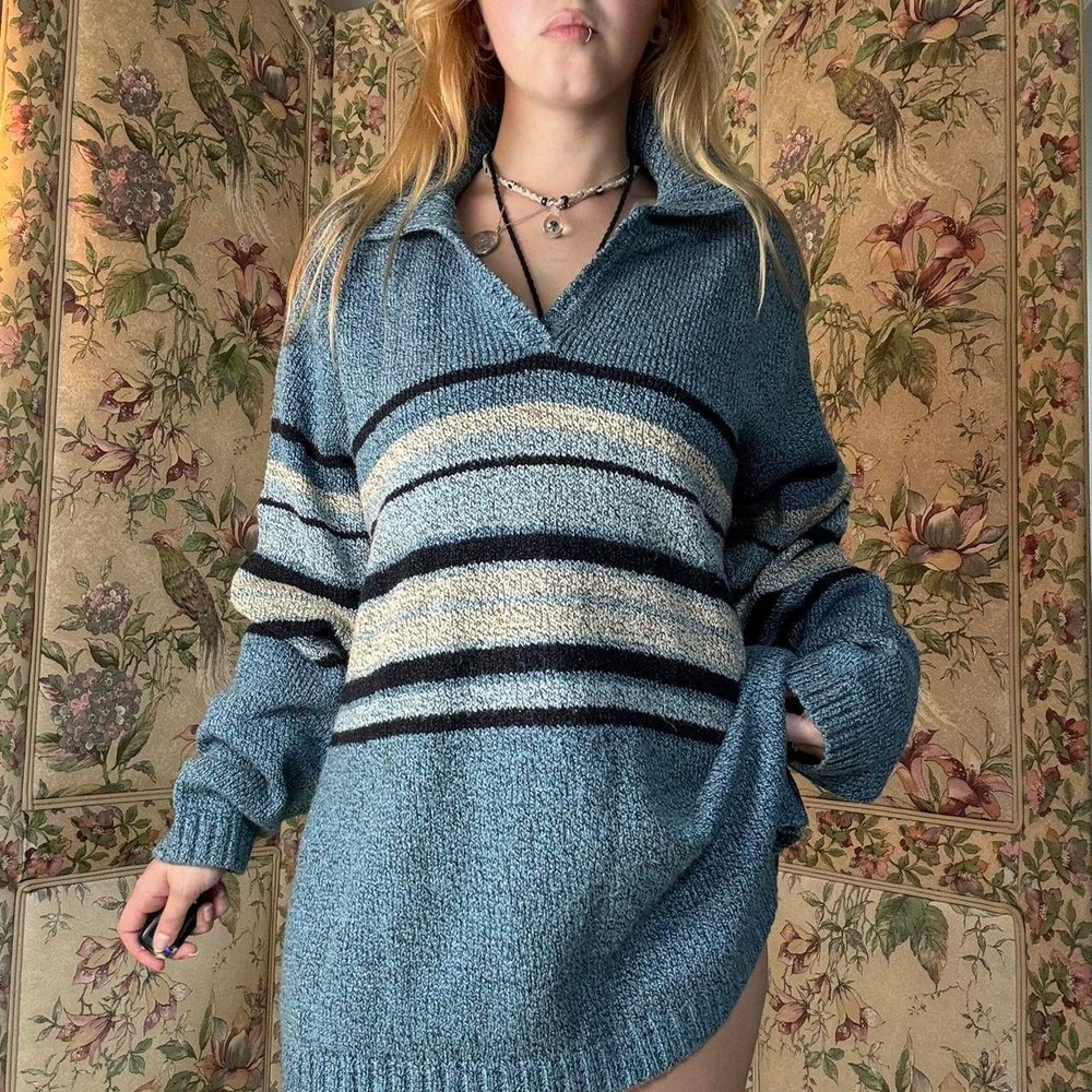 Vintage 90s Blue Striped Oversized Knit Pullover Sweater Retro 26/28